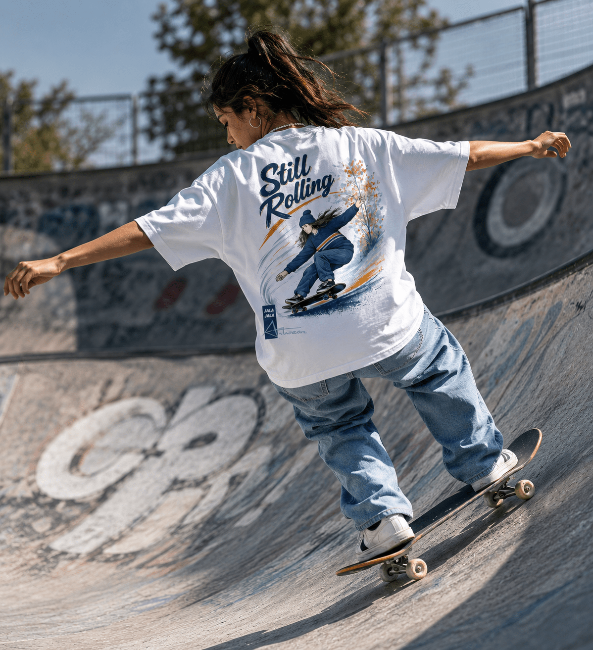 Still Rolling Oversized Tee – White C001 – Skate Art Graphic Shirt | Jalajala Artwear - JalaJala Artshop