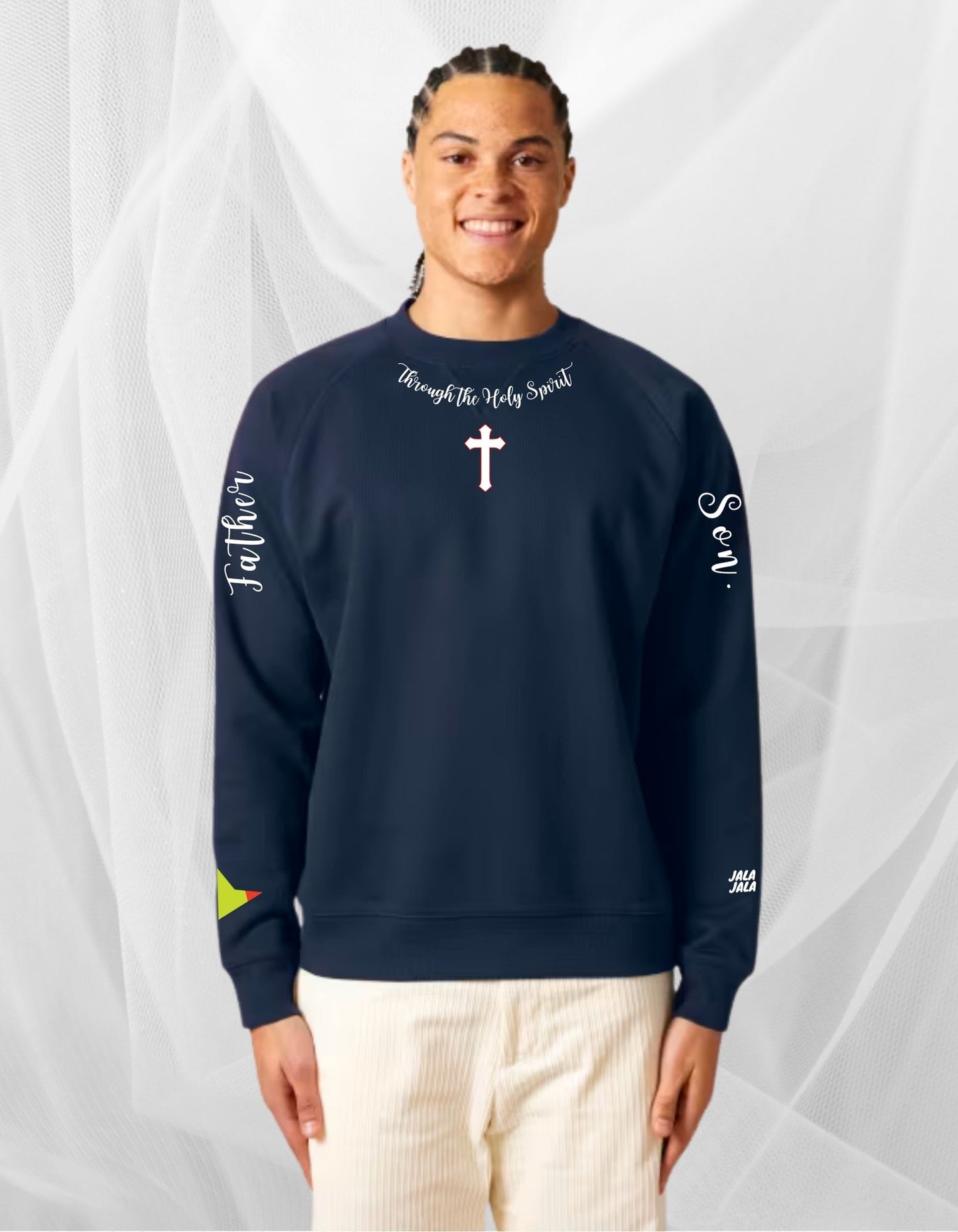 Through the Holy Spirit – Navy Uniseks Sweater Wegwijzerkampen - JalaJala Artshop