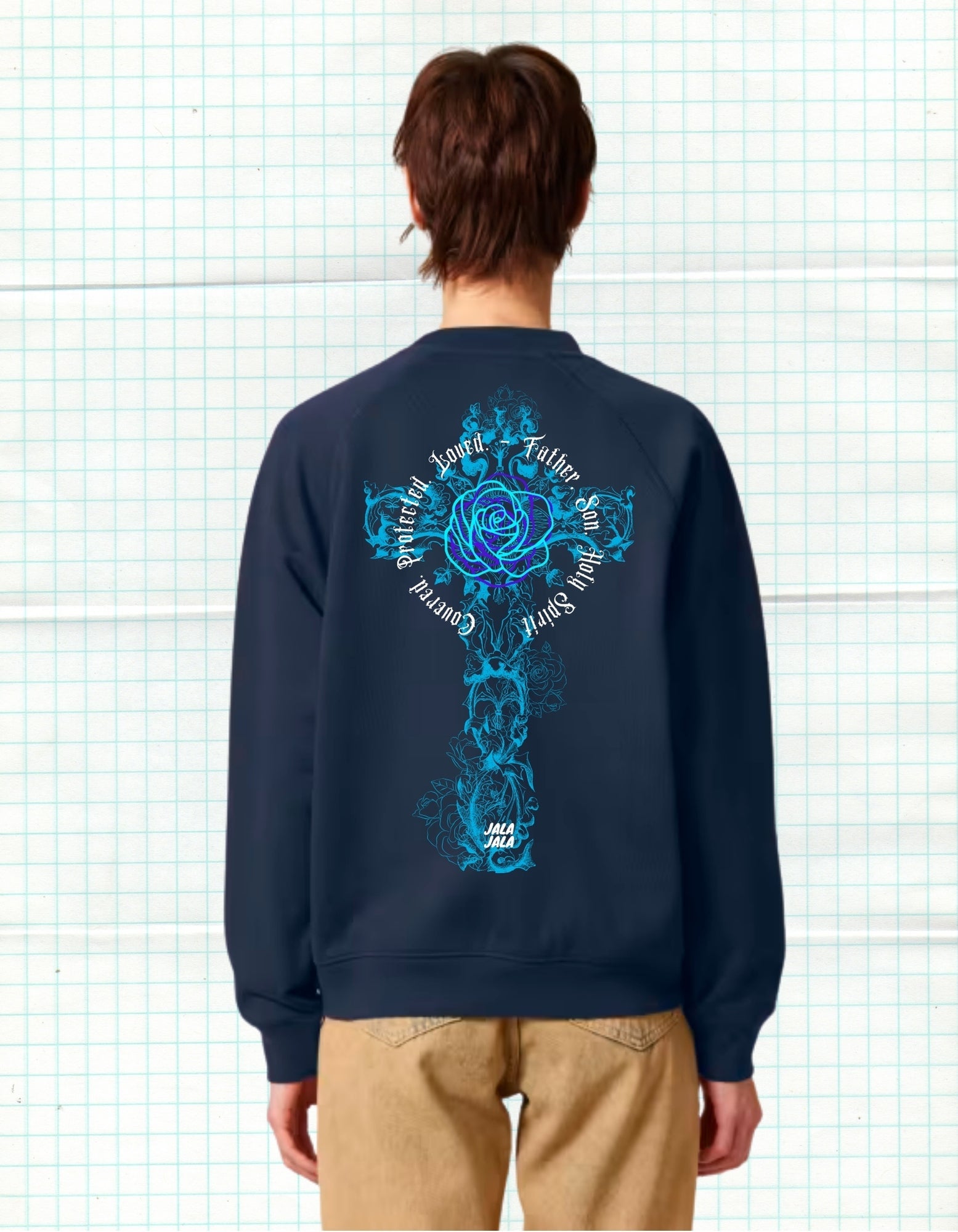 Cross of Grace – Navy Uniseks Sweater (Knoxer) - JalaJala Artshop