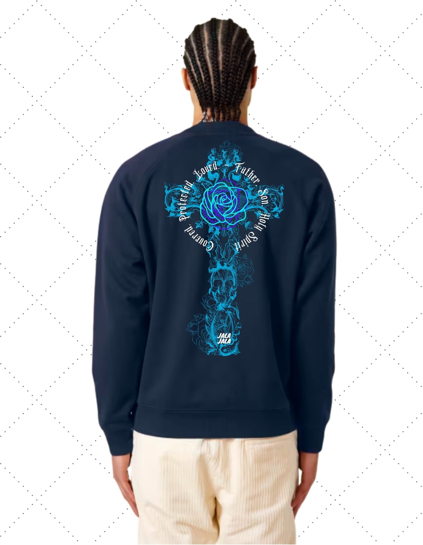 Cross of Grace – Navy Uniseks Sweater (Knoxer) - JalaJala Artshop