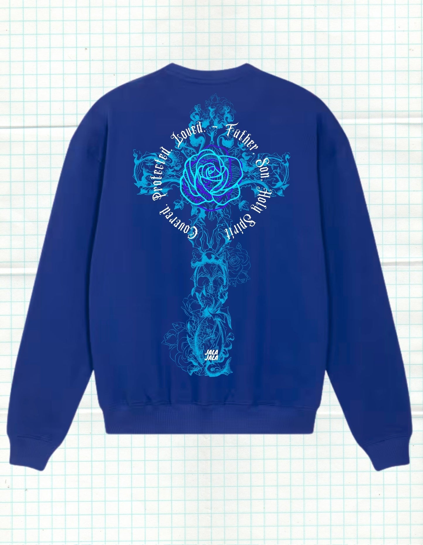 Cross of Grace – Royal Blue Uniseks Sweater (Ledger Dry) Wegwijzerkampen - JalaJala Artshop