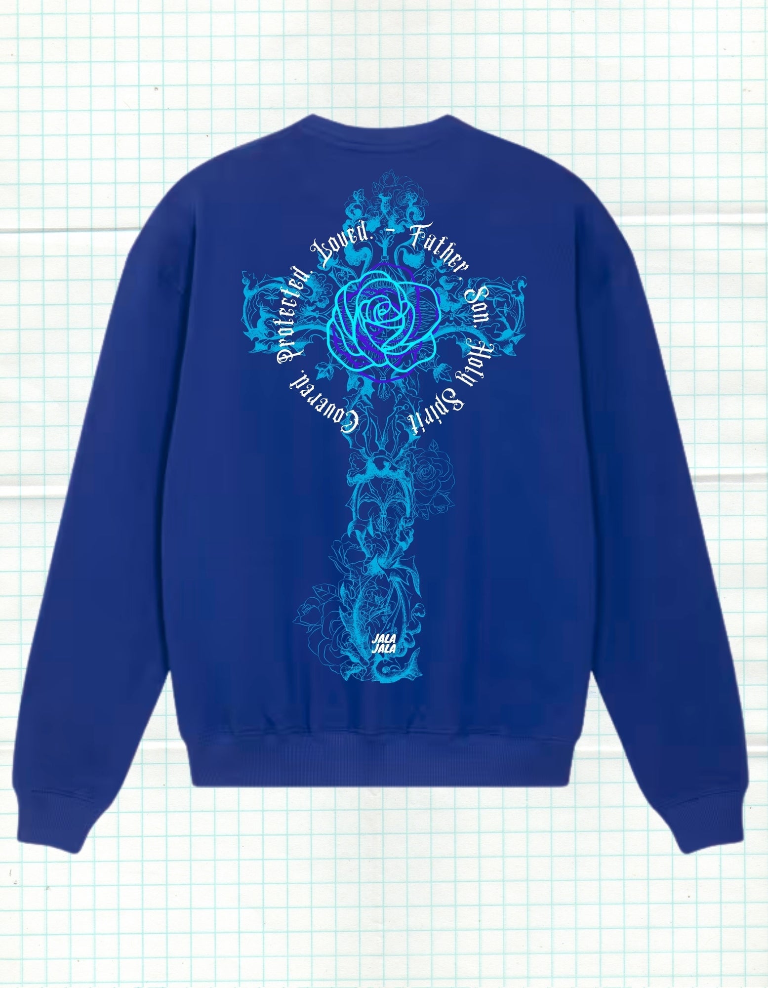 Cross of Grace – Royal Blue Uniseks Sweater (Ledger Dry) Wegwijzerkampen - JalaJala Artshop
