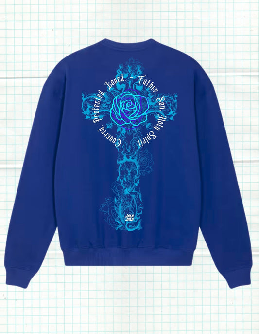 Cross of Grace – Royal Blue Uniseks Sweater (Ledger Dry) Wegwijzerkampen - JalaJala Artshop