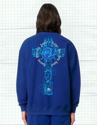 Cross of Grace – Royal Blue Uniseks Sweater (Ledger Dry) Wegwijzerkampen - JalaJala Artshop