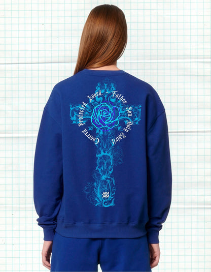 Cross of Grace – Royal Blue Uniseks Sweater (Ledger Dry) Wegwijzerkampen - JalaJala Artshop