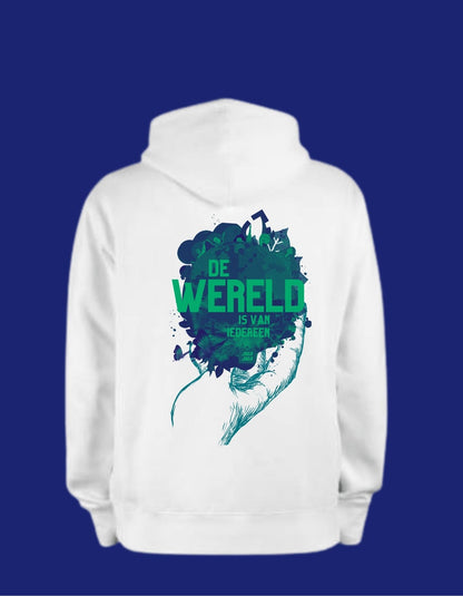 De wereld is van iedereen uniseks hoodie JalaJala wit - JalaJala Artshop