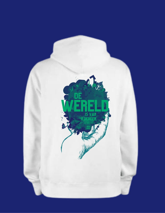 De wereld is van iedereen uniseks hoodie JalaJala wit - JalaJala Artshop