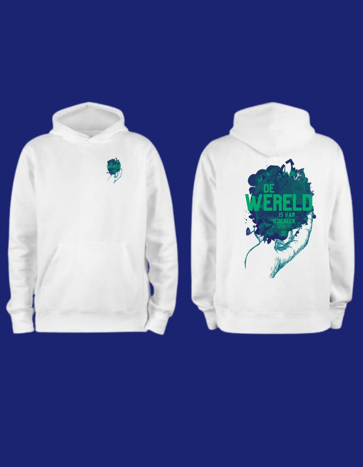 De wereld is van iedereen uniseks hoodie JalaJala wit - JalaJala Artshop