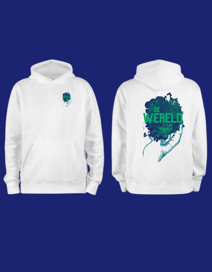 De wereld is van iedereen uniseks hoodie JalaJala wit - JalaJala Artshop