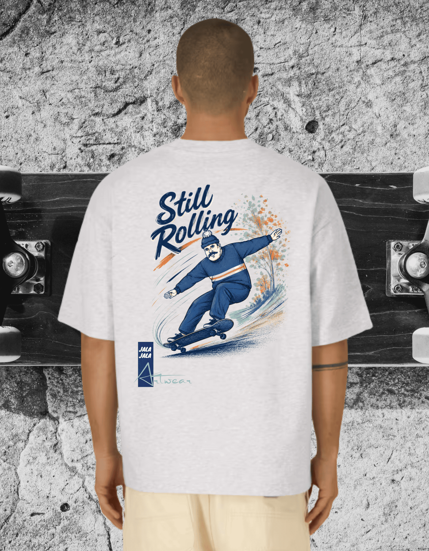 Still Rolling Oversized Tee – White C001 – Skate Art Graphic Shirt | Jalajala Artwear - JalaJala Artshop