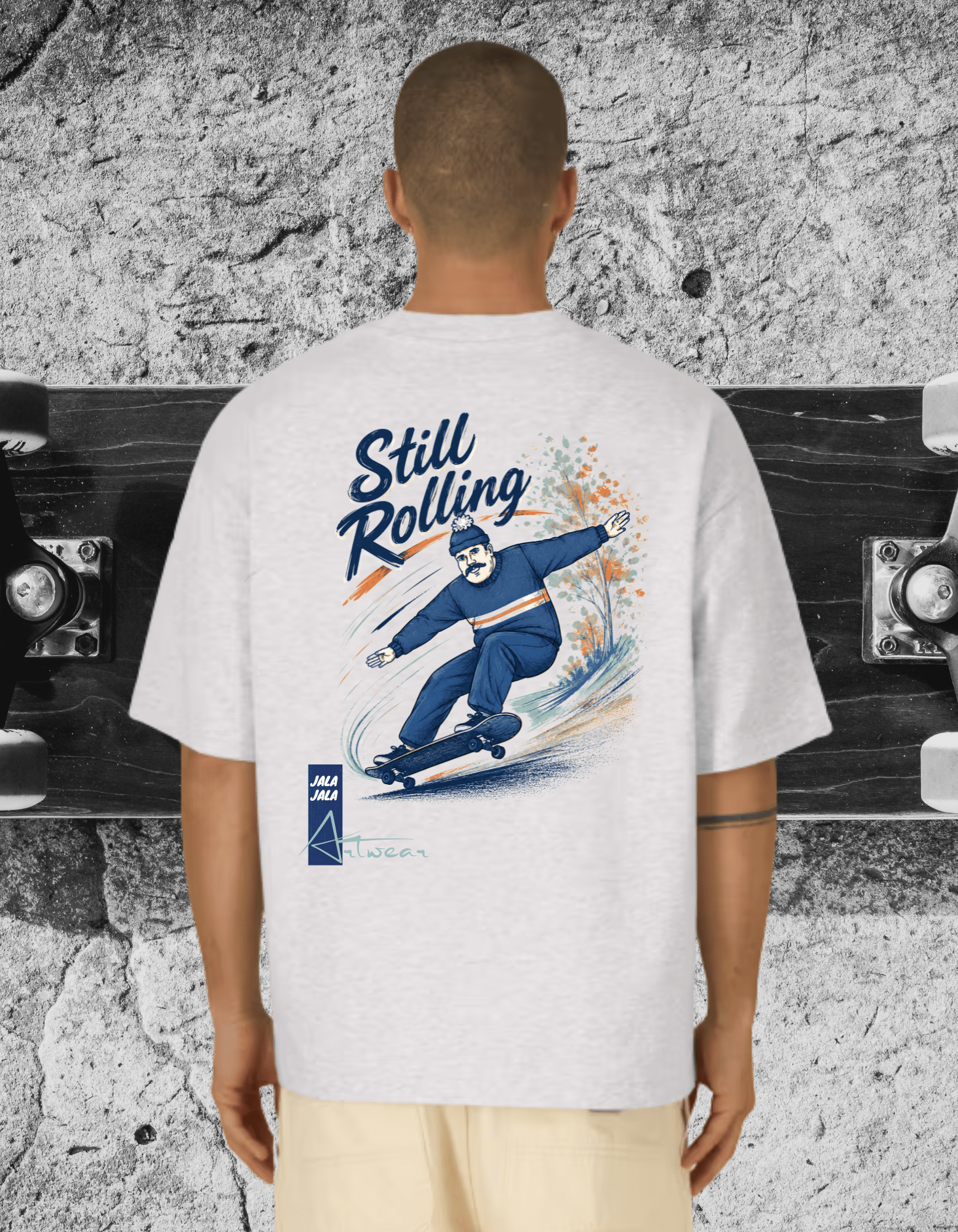 Still Rolling Oversized Tee – White C001 – Skate Art Graphic Shirt | Jalajala Artwear - JalaJala Artshop