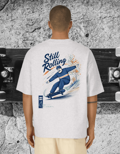 Still Rolling Oversized Tee – White C001 – Skate Art Graphic Shirt | Jalajala Artwear - JalaJala Artshop