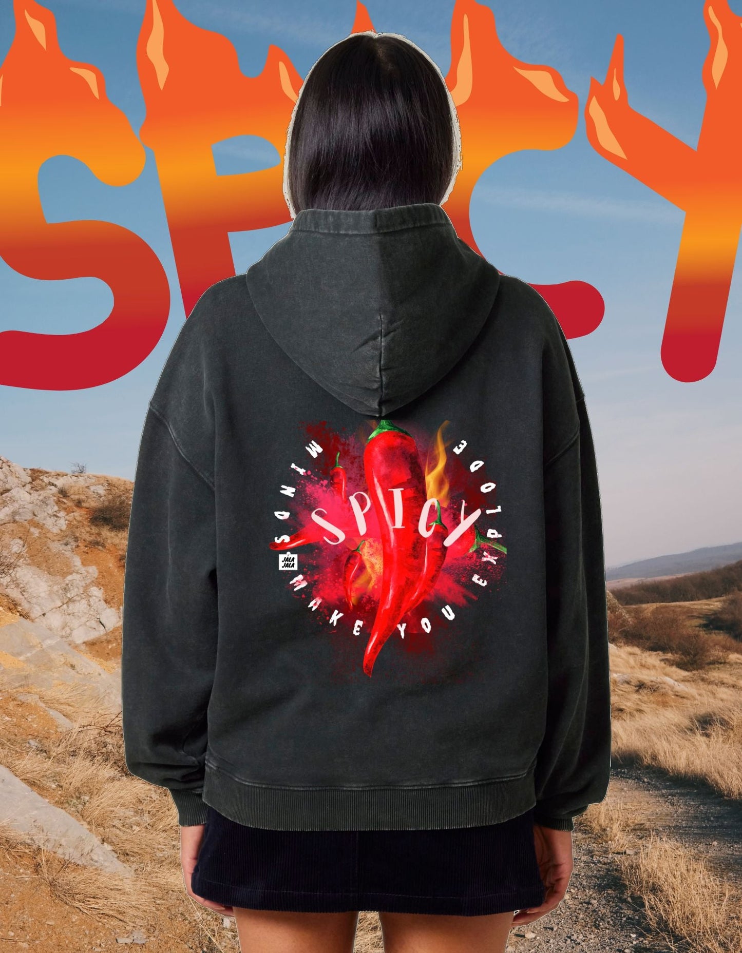 Spicy Minds Hoodie – Kunstzinnig Statement in Vintage Black limited edition unisek hoodie - JalaJala Artshop