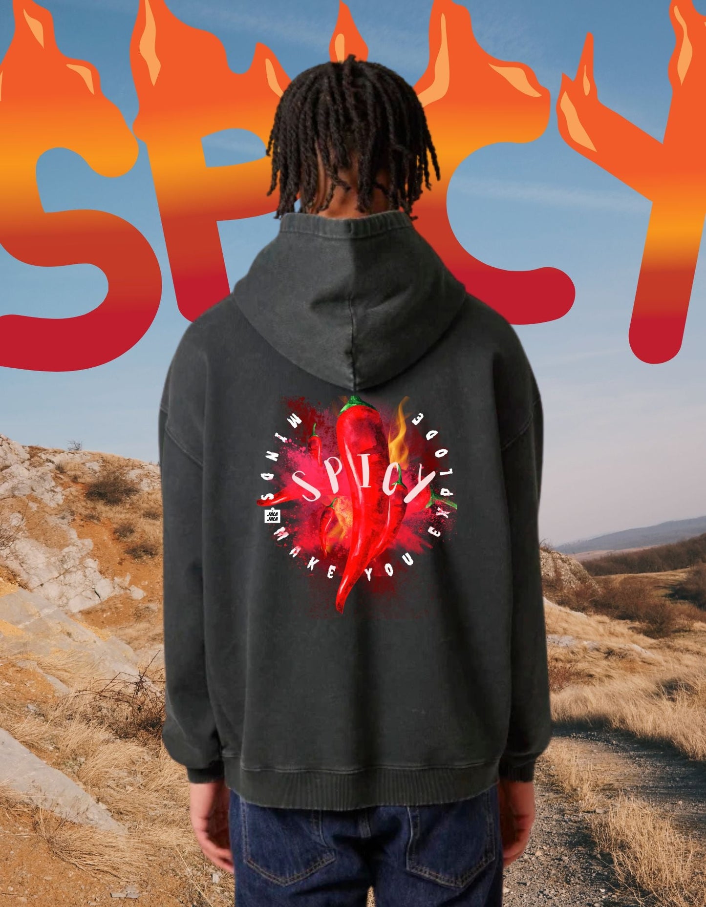 Spicy Minds Hoodie – Kunstzinnig Statement in Vintage Black limited edition unisek hoodie - JalaJala Artshop
