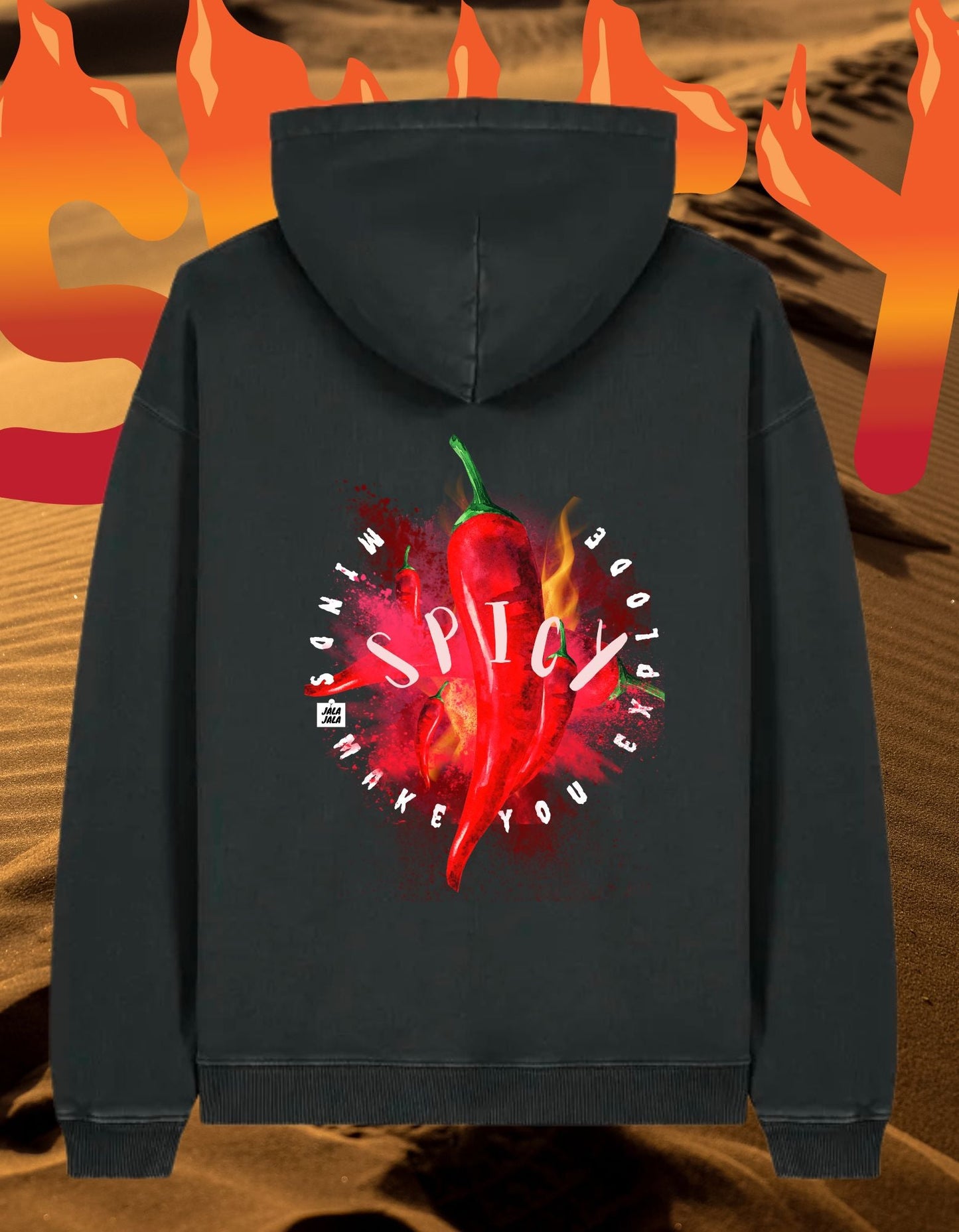 Spicy Minds Hoodie – Kunstzinnig Statement in Vintage Black limited edition unisek hoodie - JalaJala Artshop