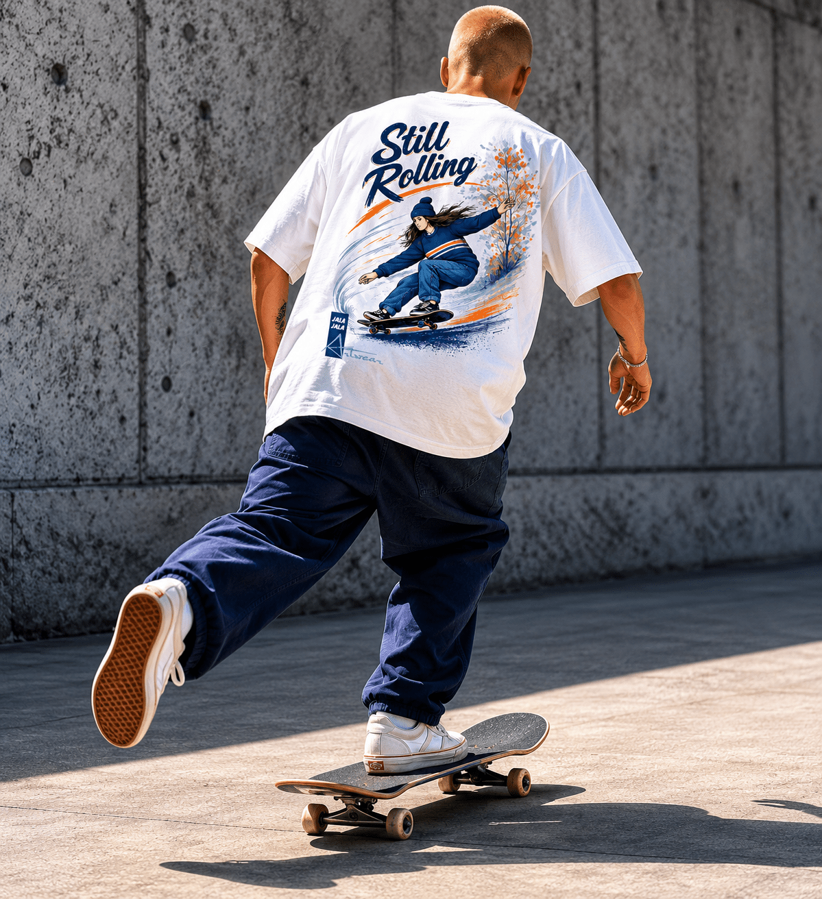 Still Rolling Oversized Tee – White C001 – Skate Art Graphic Shirt | Jalajala Artwear - JalaJala Artshop