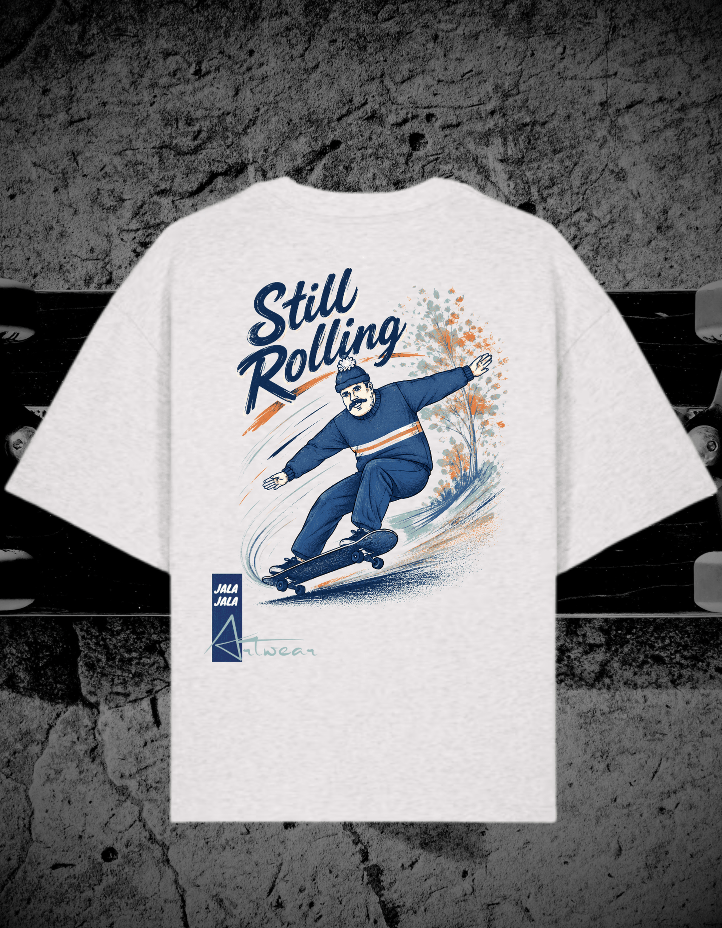 Still Rolling Oversized Tee – White C001 – Skate Art Graphic Shirt | Jalajala Artwear - JalaJala Artshop