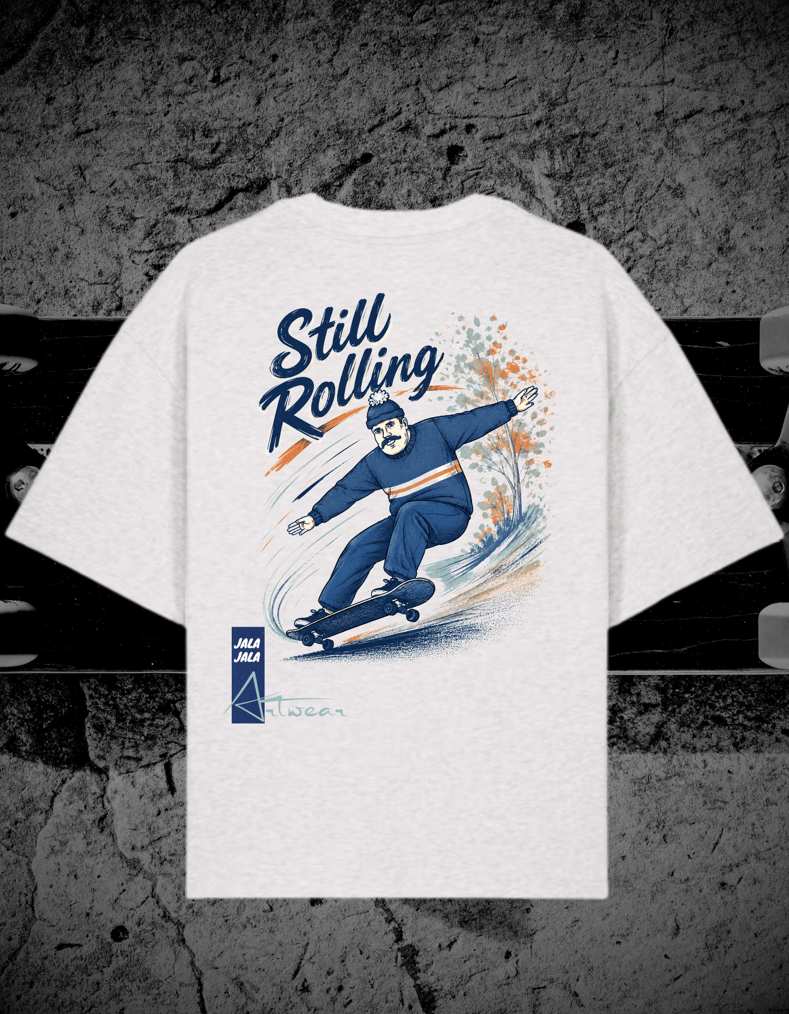 Still Rolling Oversized Tee – White C001 – Skate Art Graphic Shirt | Jalajala Artwear - JalaJala Artshop