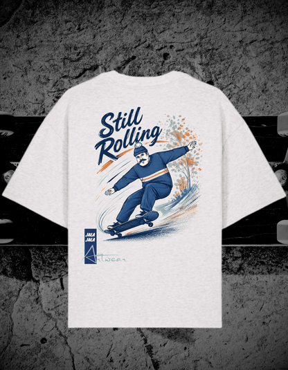 Still Rolling Oversized Tee – White C001 – Skate Art Graphic Shirt | Jalajala Artwear - JalaJala Artshop