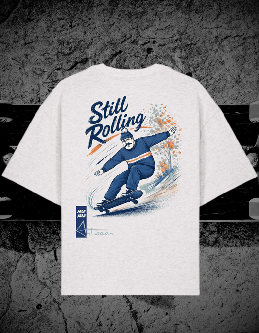 Still Rolling Oversized Tee – White C001 – Skate Art Graphic Shirt | Jalajala Artwear - JalaJala Artshop