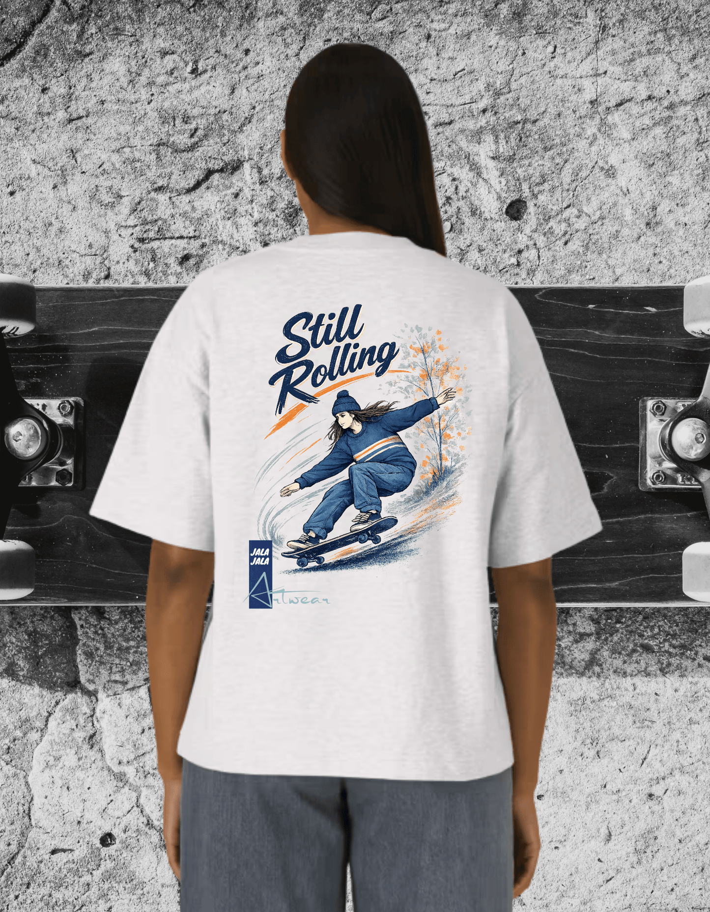 Still Rolling Oversized Tee – White C001 – Skate Art Graphic Shirt | Jalajala Artwear - JalaJala Artshop
