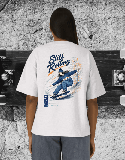 Still Rolling Oversized Tee – White C001 – Skate Art Graphic Shirt | Jalajala Artwear - JalaJala Artshop