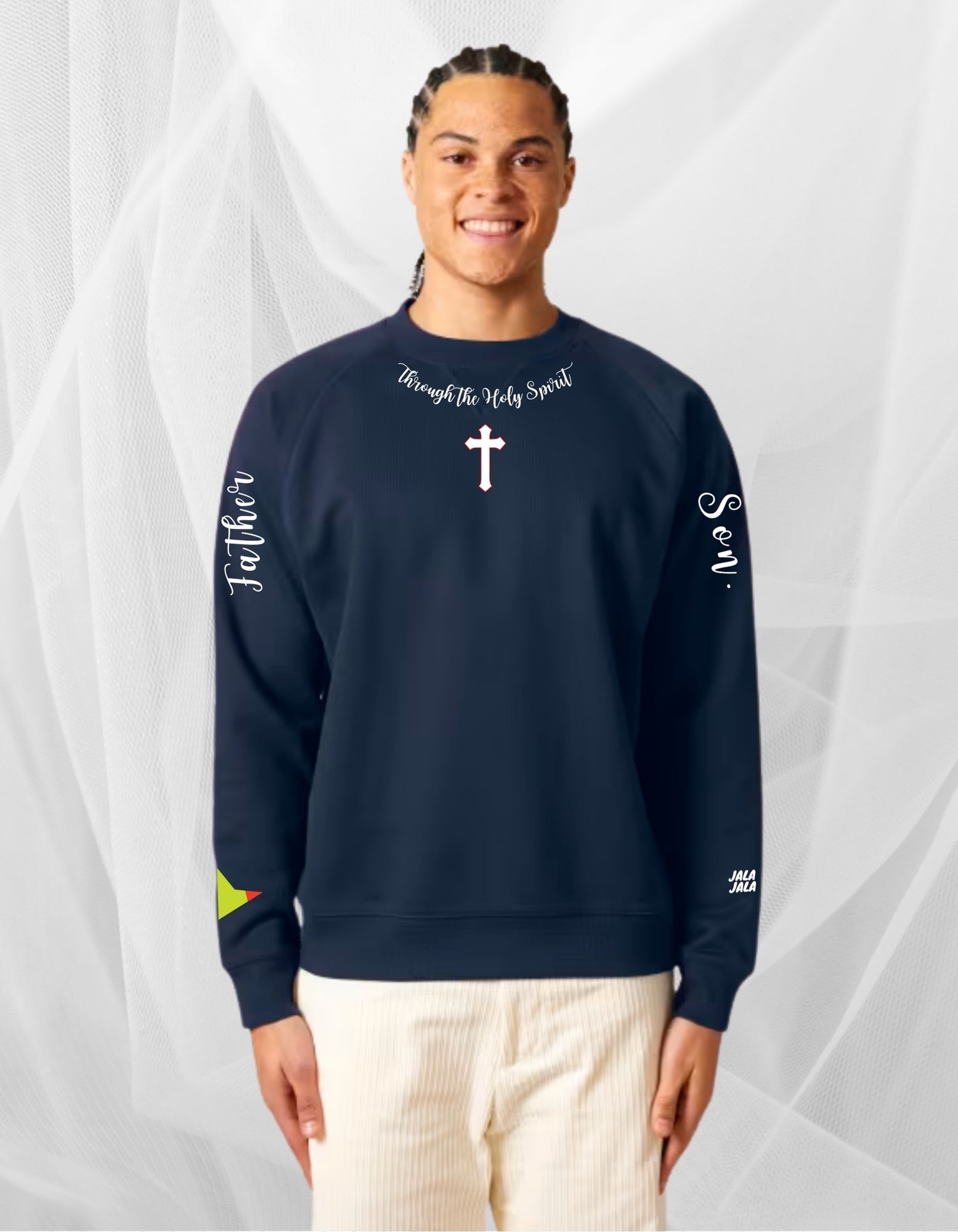 Through the Holy Spirit – Navy Uniseks Sweater Wegwijzerkampen - JalaJala Artshop