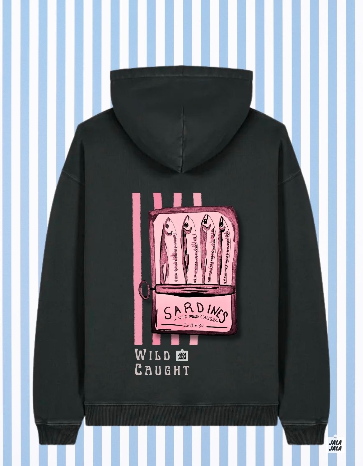 Vintage oversized Black Hoodie - Sardines Wild caught - JalaJala Artshop