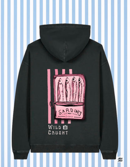Vintage oversized Black Hoodie - Sardines Wild caught - JalaJala Artshop