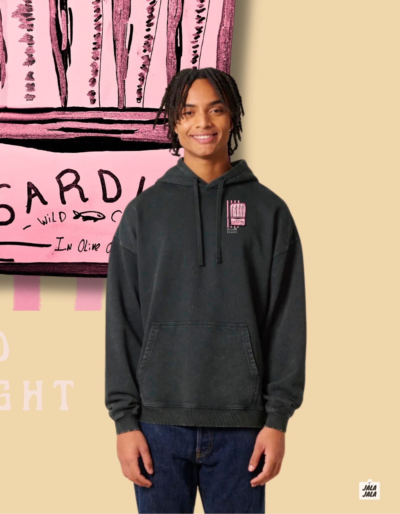 Vintage oversized Black Hoodie - Sardines Wild caught - JalaJala Artshop