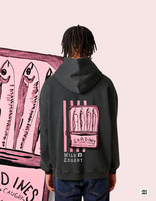 Vintage oversized Black Hoodie - Sardines Wild caught - JalaJala Artshop