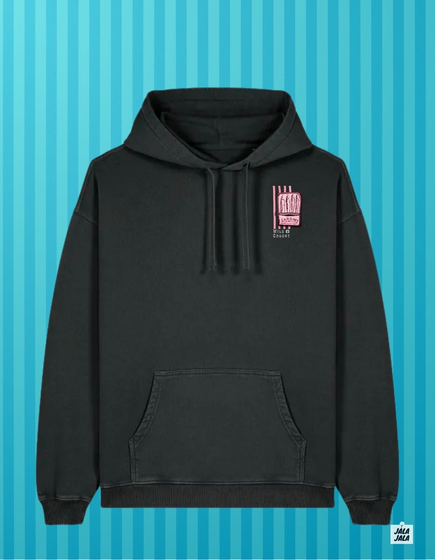 Vintage oversized Black Hoodie - Sardines Wild caught - JalaJala Artshop